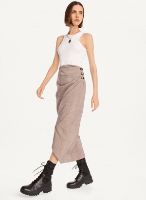 Beige Dkny Plaid Midi Women's Skirts | J4888567