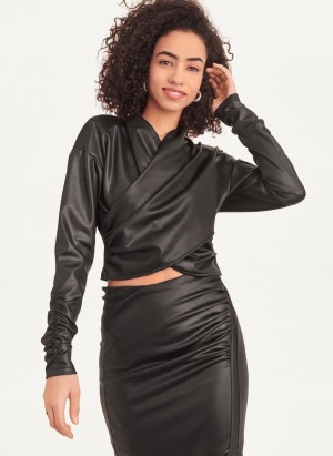 Black Dkny Wrap Glazed Jersey Top Women's Long Sleeve | N5727501